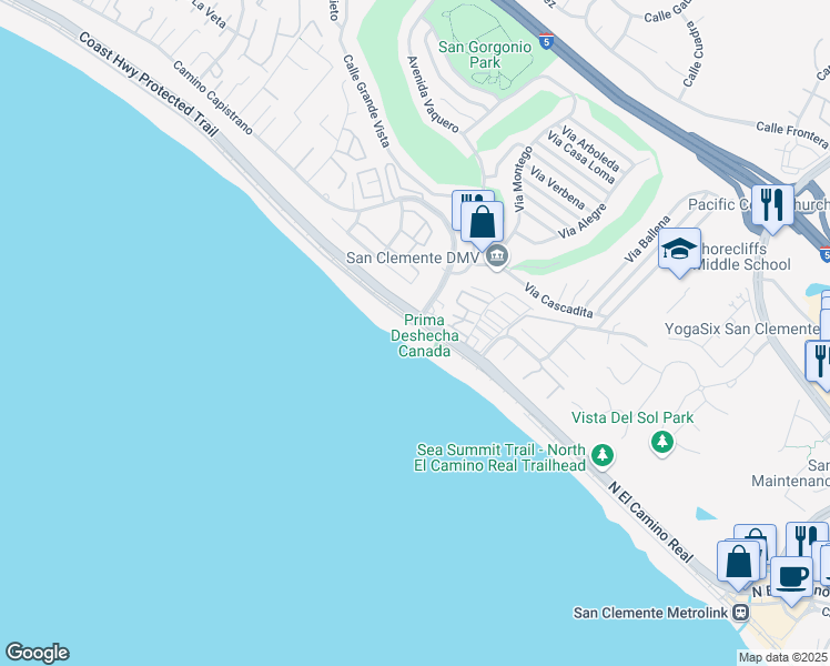 map of restaurants, bars, coffee shops, grocery stores, and more near 35857 Beach Road in Dana Point