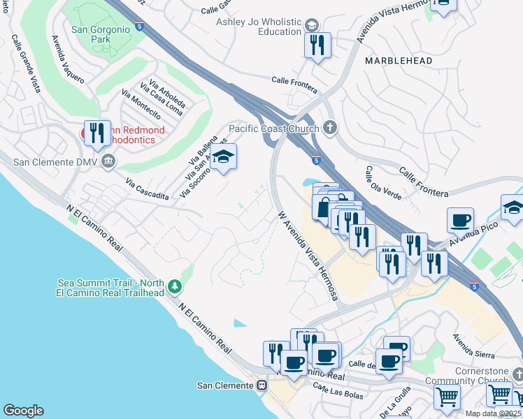 map of restaurants, bars, coffee shops, grocery stores, and more near 202 Via Galicia in San Clemente