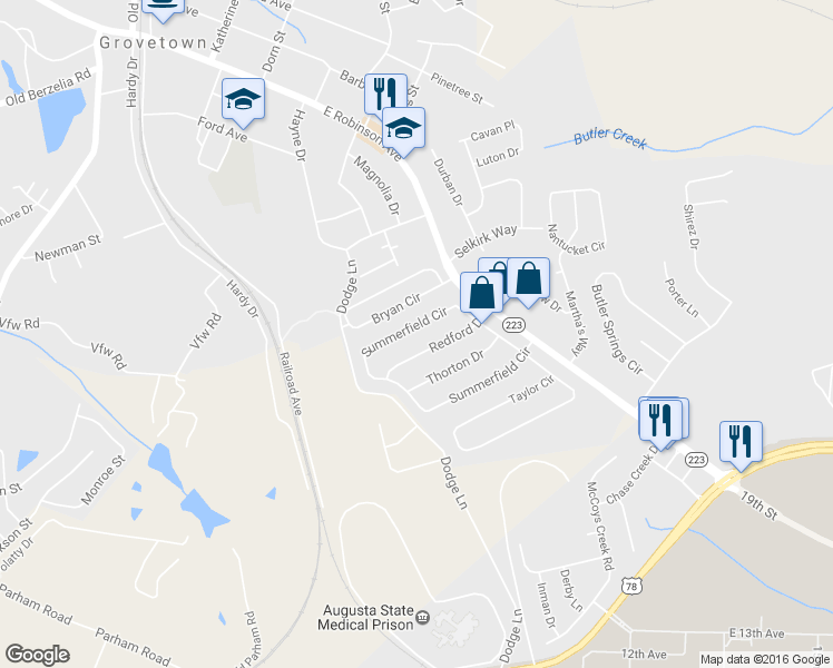 map of restaurants, bars, coffee shops, grocery stores, and more near 131 Summerfield Circle in Grovetown