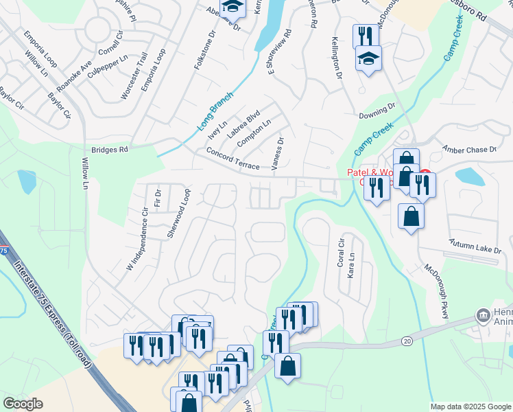 map of restaurants, bars, coffee shops, grocery stores, and more near 501 Epris Lane in McDonough