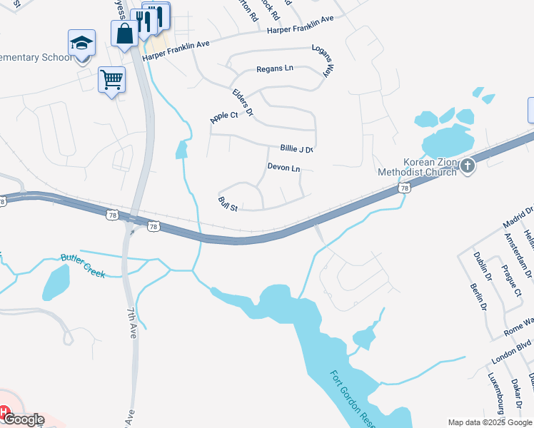 map of restaurants, bars, coffee shops, grocery stores, and more near 5360 Bull Street in Augusta