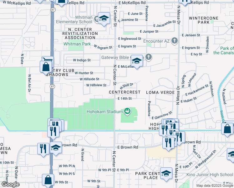 map of restaurants, bars, coffee shops, grocery stores, and more near 1427 North Shill Drive in Mesa
