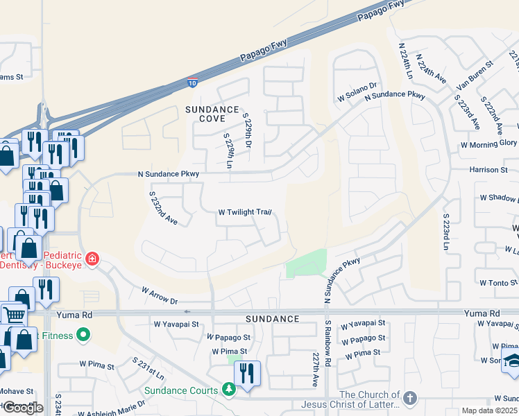 map of restaurants, bars, coffee shops, grocery stores, and more near 22908 West Twilight Trail in Buckeye