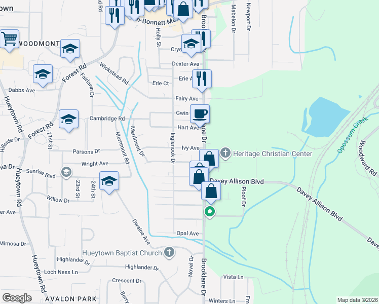 map of restaurants, bars, coffee shops, grocery stores, and more near 117 Ivy Avenue in Hueytown