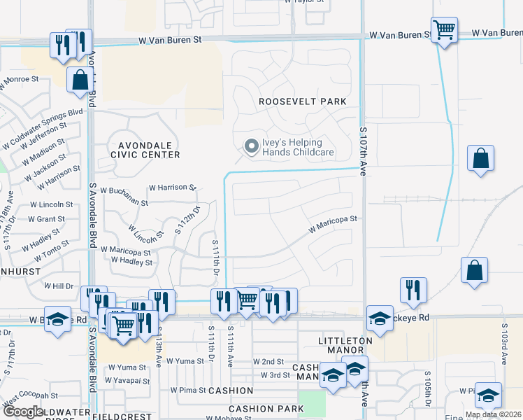 map of restaurants, bars, coffee shops, grocery stores, and more near 11006 West Lincoln Street in Avondale