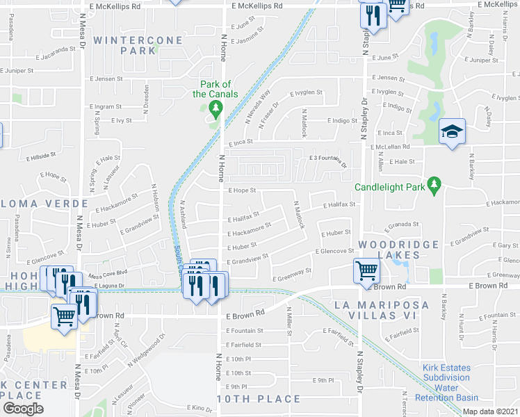 map of restaurants, bars, coffee shops, grocery stores, and more near 1402 North Fraser Drive in Mesa