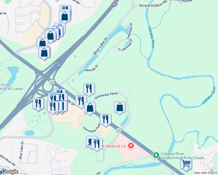 map of restaurants, bars, coffee shops, grocery stores, and more near 3550 Grandview Parkway in Birmingham