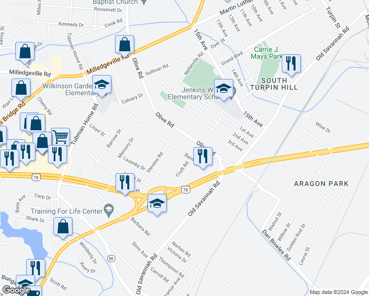 map of restaurants, bars, coffee shops, grocery stores, and more near 2010 Barnes Road in Augusta