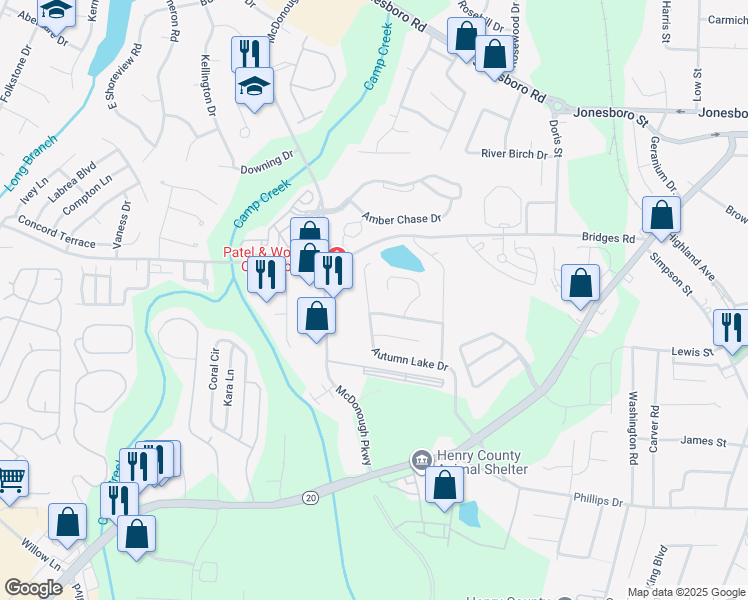map of restaurants, bars, coffee shops, grocery stores, and more near 356 Autumn Lake Drive in McDonough