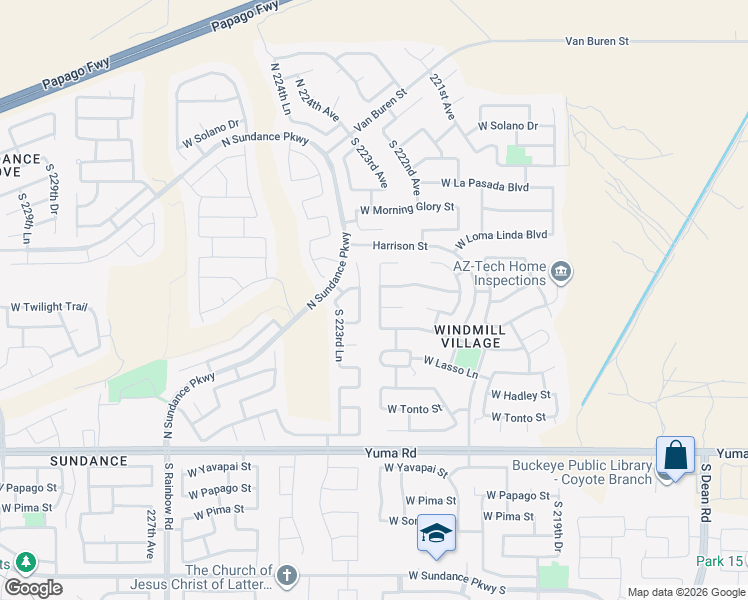 map of restaurants, bars, coffee shops, grocery stores, and more near 648 South 222nd Lane in Buckeye