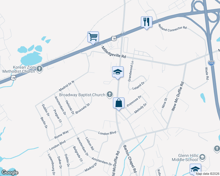 map of restaurants, bars, coffee shops, grocery stores, and more near 2329 Barton Chapel Road in Augusta