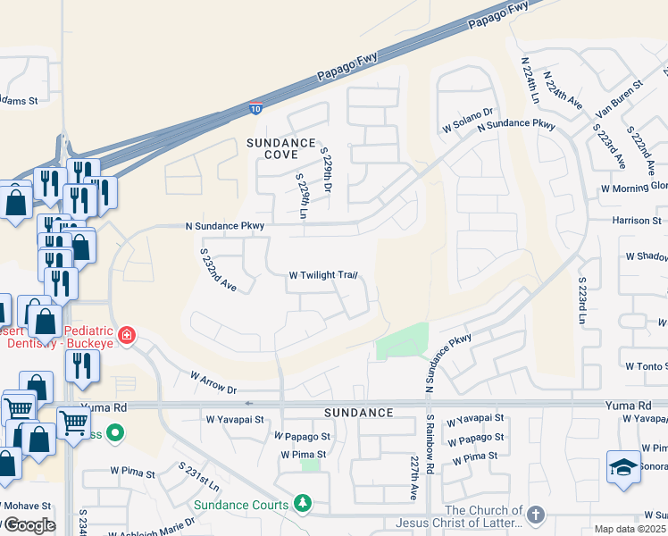map of restaurants, bars, coffee shops, grocery stores, and more near 22908 West Twilight Trail in Buckeye
