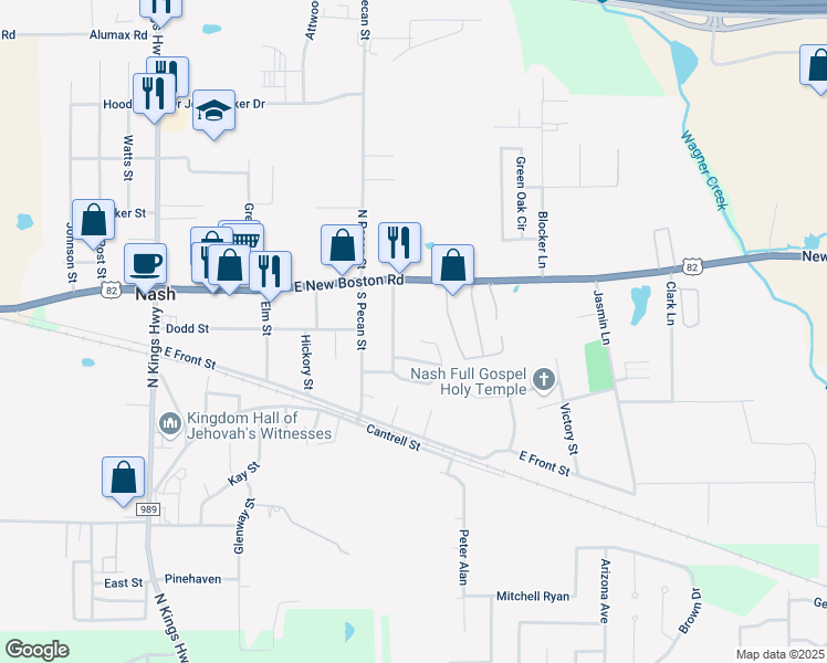 map of restaurants, bars, coffee shops, grocery stores, and more near 45 Pecan Valley Circle in Nash