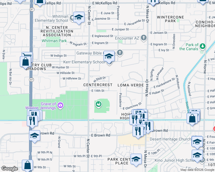 map of restaurants, bars, coffee shops, grocery stores, and more near 121 East 14th Street in Mesa