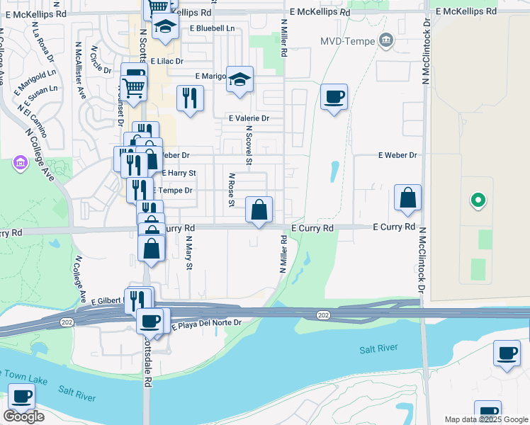 map of restaurants, bars, coffee shops, grocery stores, and more near 1221 East Henry Street in Tempe