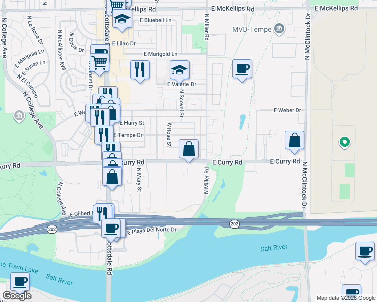 map of restaurants, bars, coffee shops, grocery stores, and more near 1221 East Henry Street in Tempe