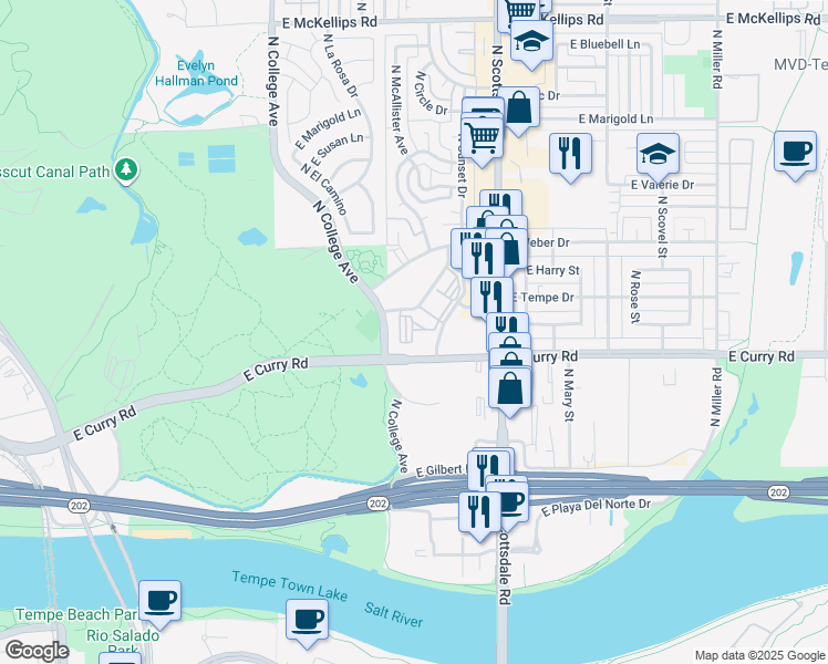 map of restaurants, bars, coffee shops, grocery stores, and more near 600 East Curry Road in Tempe