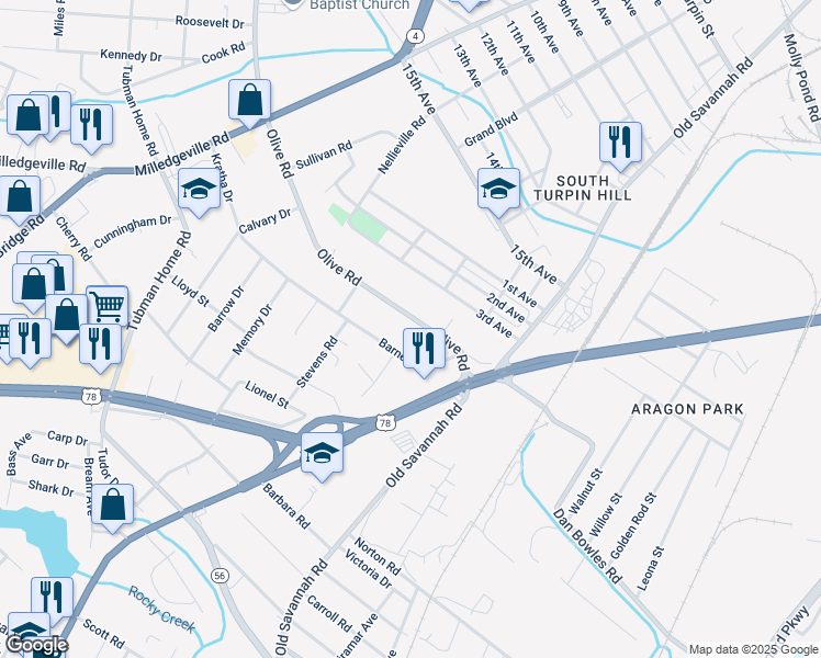 map of restaurants, bars, coffee shops, grocery stores, and more near 2045 Olive Road in Augusta
