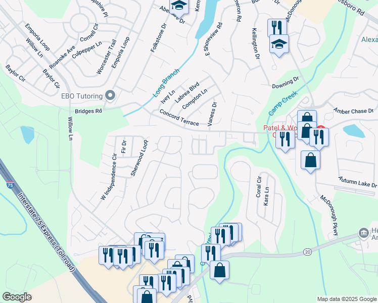 map of restaurants, bars, coffee shops, grocery stores, and more near 501 Epris Lane in McDonough