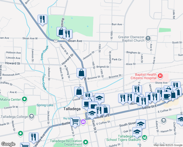 map of restaurants, bars, coffee shops, grocery stores, and more near 306 Percy Street in Talladega