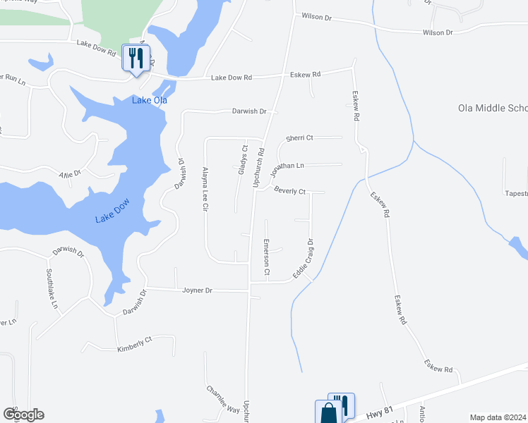 map of restaurants, bars, coffee shops, grocery stores, and more near 4019 Emerson Court in McDonough