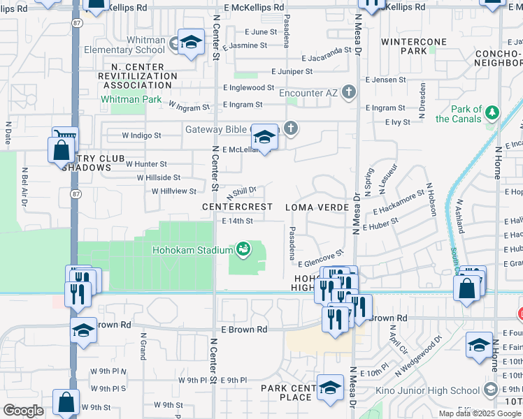 map of restaurants, bars, coffee shops, grocery stores, and more near 121 East 14th Street in Mesa