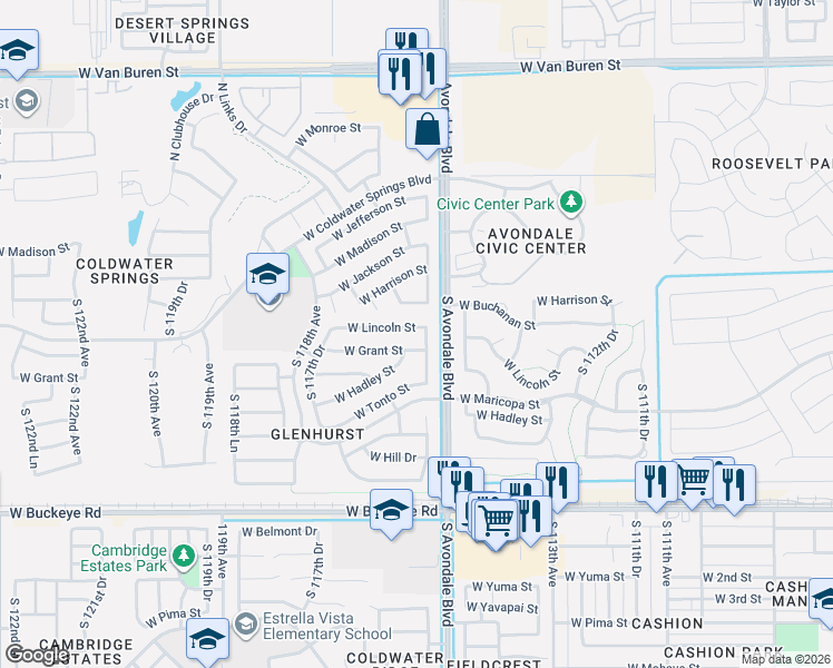 map of restaurants, bars, coffee shops, grocery stores, and more near 11567 West Lincoln Street in Avondale