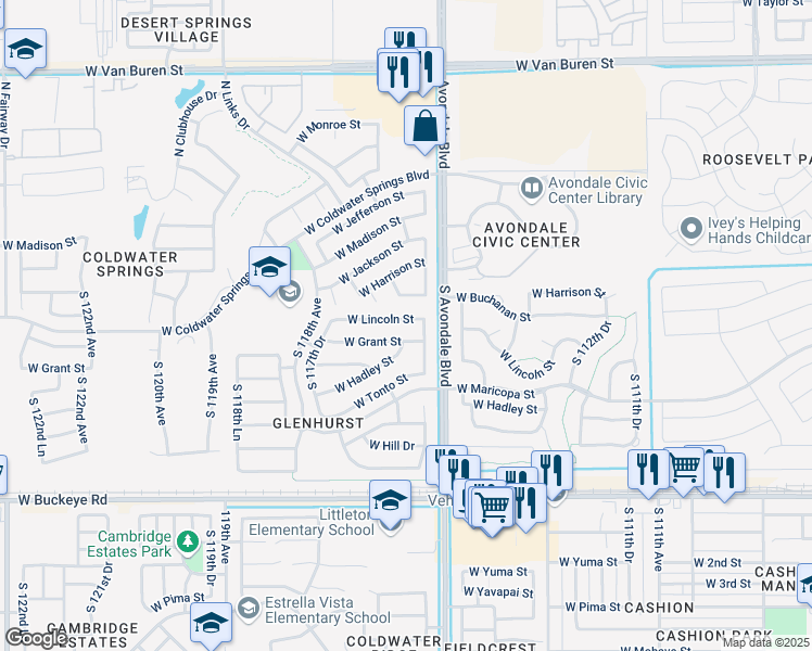 map of restaurants, bars, coffee shops, grocery stores, and more near 11567 West Lincoln Street in Avondale