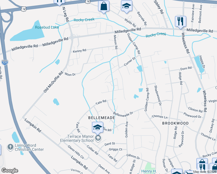 map of restaurants, bars, coffee shops, grocery stores, and more near Mason Drive in Augusta