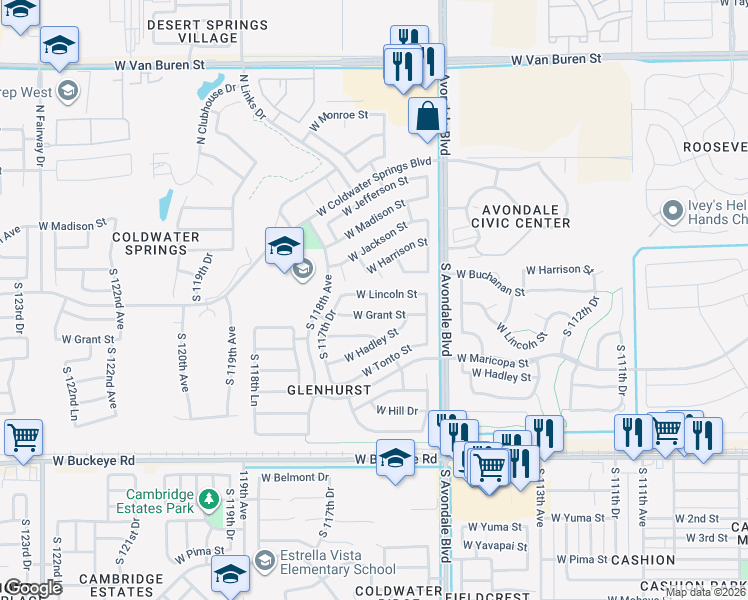 map of restaurants, bars, coffee shops, grocery stores, and more near 11701 West Lincoln Street in Avondale