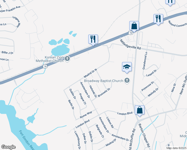 map of restaurants, bars, coffee shops, grocery stores, and more near 2336 Milan Court in Augusta