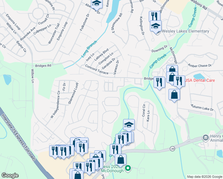 map of restaurants, bars, coffee shops, grocery stores, and more near 501 Epris Lane in McDonough
