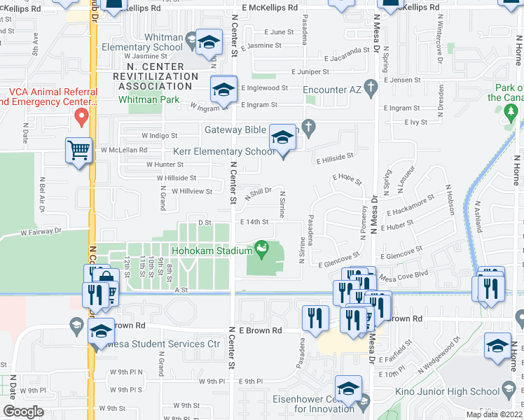 map of restaurants, bars, coffee shops, grocery stores, and more near 51 East 14th Place in Mesa