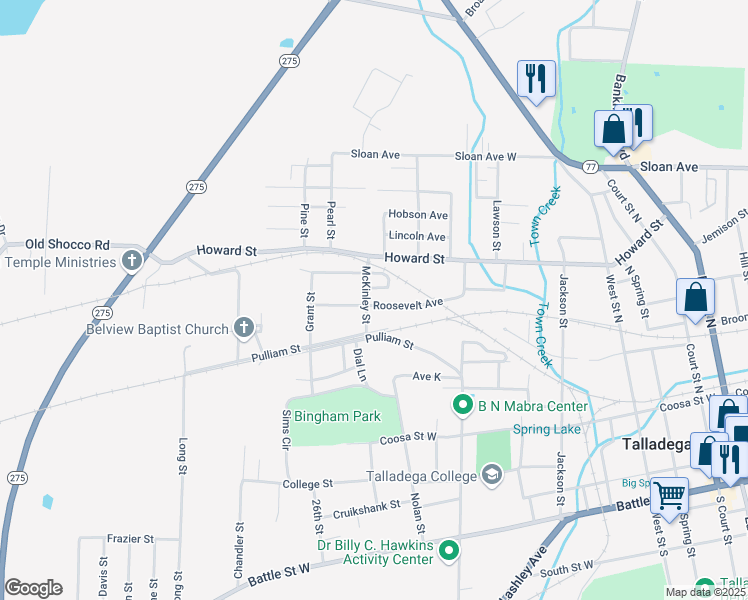 map of restaurants, bars, coffee shops, grocery stores, and more near 741 Roosevelt Avenue in Talladega