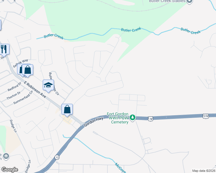 map of restaurants, bars, coffee shops, grocery stores, and more near 3030 Pepperhill Drive in Grovetown