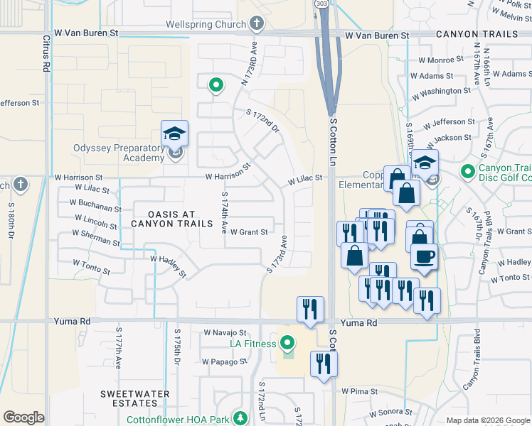 map of restaurants, bars, coffee shops, grocery stores, and more near 17322 South 173rd Drive in Goodyear