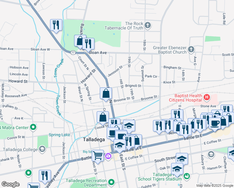 map of restaurants, bars, coffee shops, grocery stores, and more near 306 Percy Street in Talladega