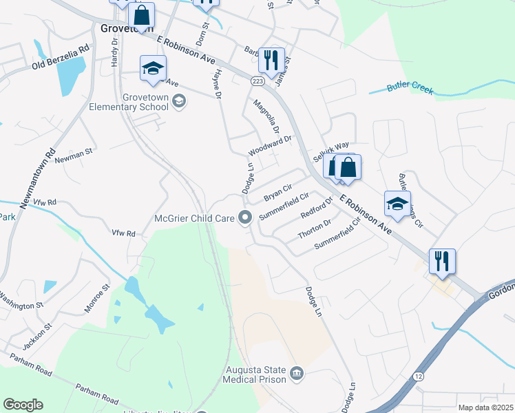map of restaurants, bars, coffee shops, grocery stores, and more near 962 Bryan Circle in Grovetown