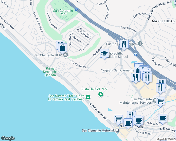 map of restaurants, bars, coffee shops, grocery stores, and more near 362 Camino San Clemente in San Clemente