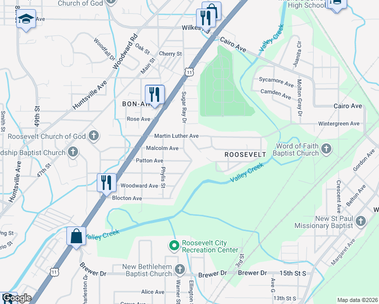 map of restaurants, bars, coffee shops, grocery stores, and more near 5529 Sugar Ray Drive in Birmingham