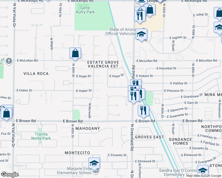 map of restaurants, bars, coffee shops, grocery stores, and more near 4233 East Hackamore Street in Mesa
