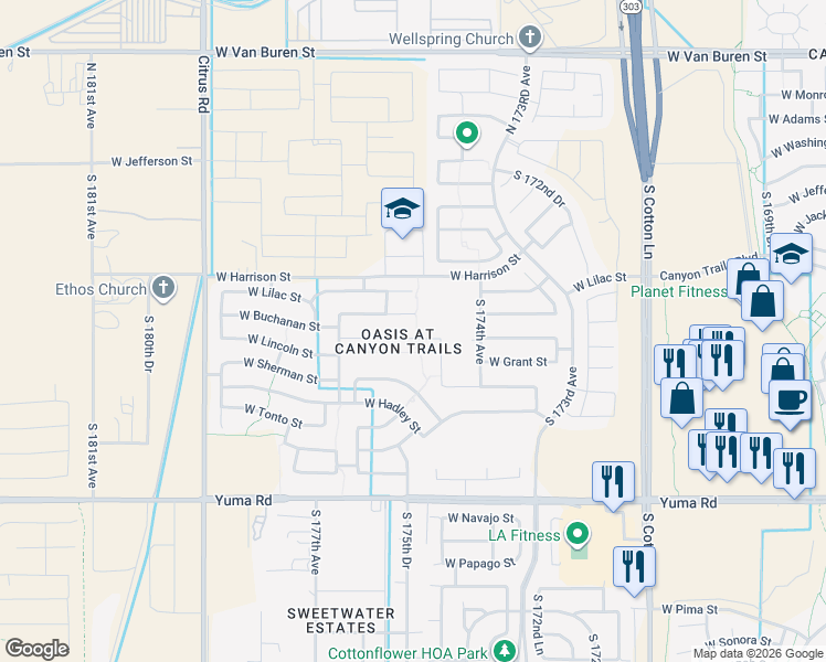 map of restaurants, bars, coffee shops, grocery stores, and more near 17515 West Lincoln Street in Goodyear