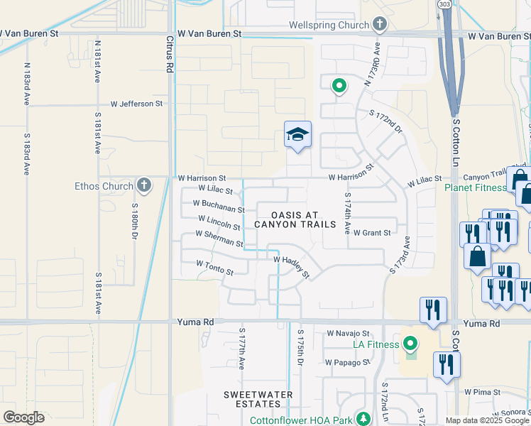 map of restaurants, bars, coffee shops, grocery stores, and more near 17628 West Lincoln Street in Goodyear