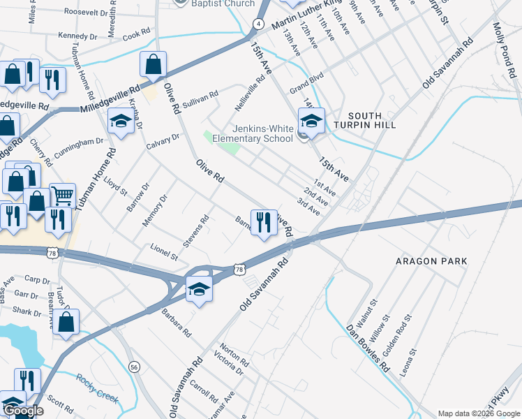 map of restaurants, bars, coffee shops, grocery stores, and more near 2045 Olive Road in Augusta