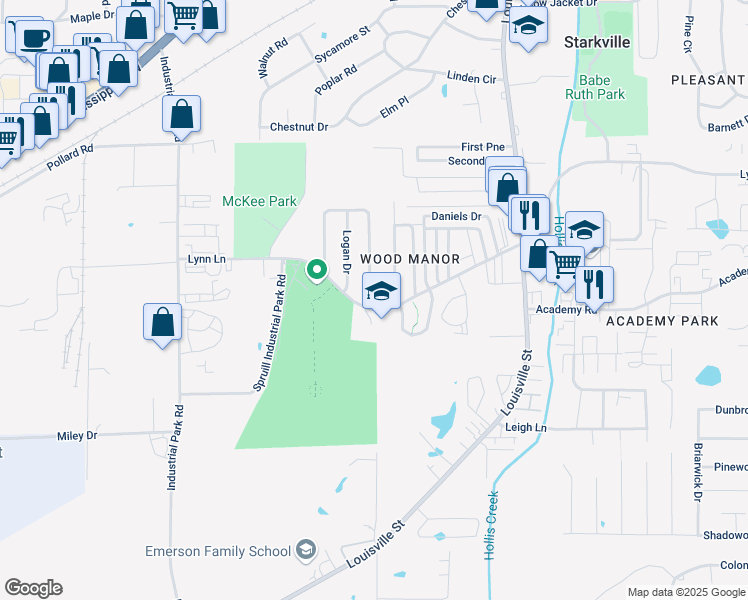 map of restaurants, bars, coffee shops, grocery stores, and more near 100 Helen Circle in Starkville