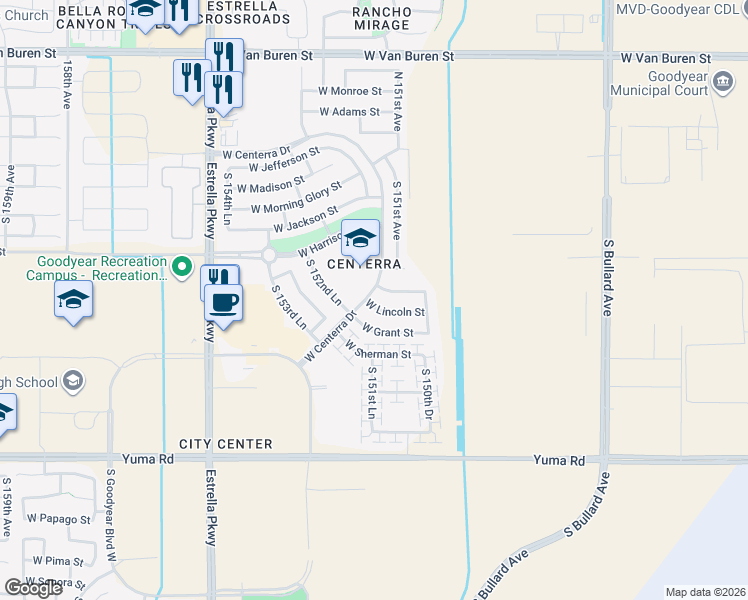 map of restaurants, bars, coffee shops, grocery stores, and more near 15190 West Lincoln Street in Goodyear