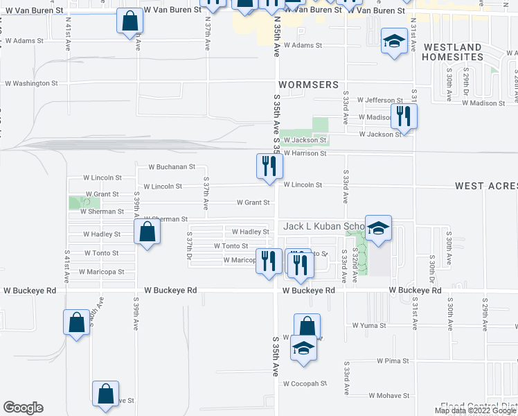 map of restaurants, bars, coffee shops, grocery stores, and more near 3515 W Grant St in Phoenix