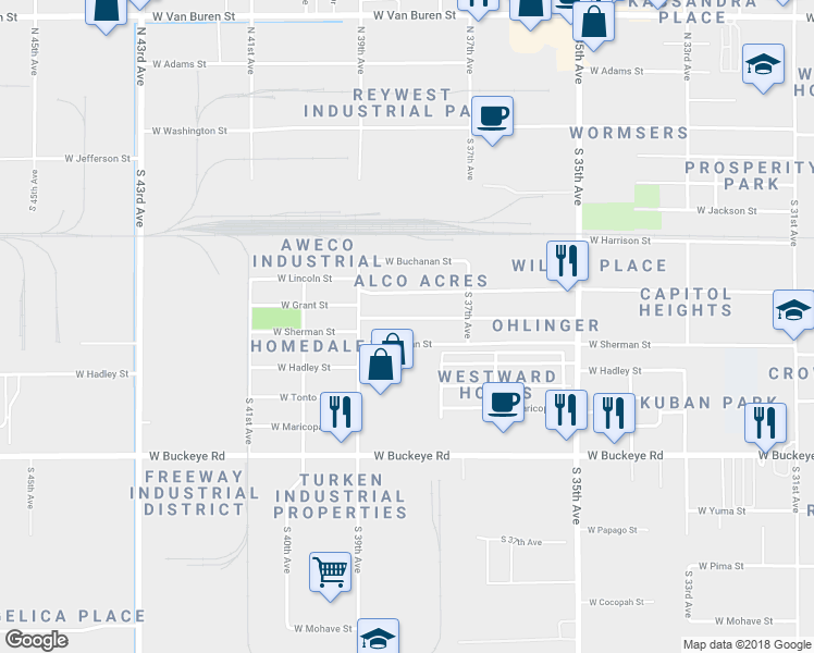 map of restaurants, bars, coffee shops, grocery stores, and more near 3807 West Grant Street in Phoenix