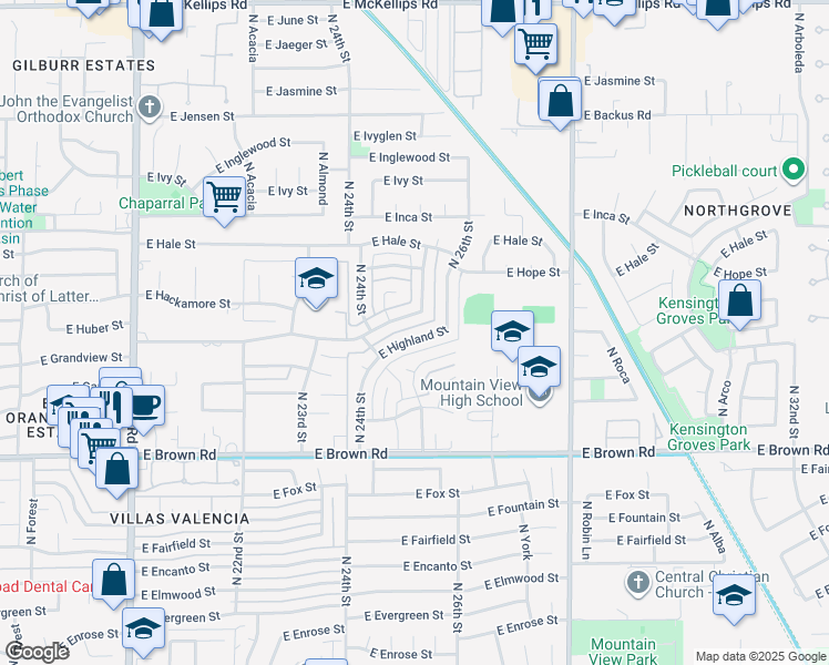 map of restaurants, bars, coffee shops, grocery stores, and more near 2514 East Highland Street in Mesa