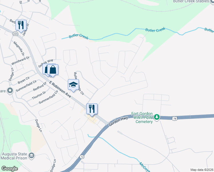 map of restaurants, bars, coffee shops, grocery stores, and more near 3024 Pepperhill Drive in Grovetown